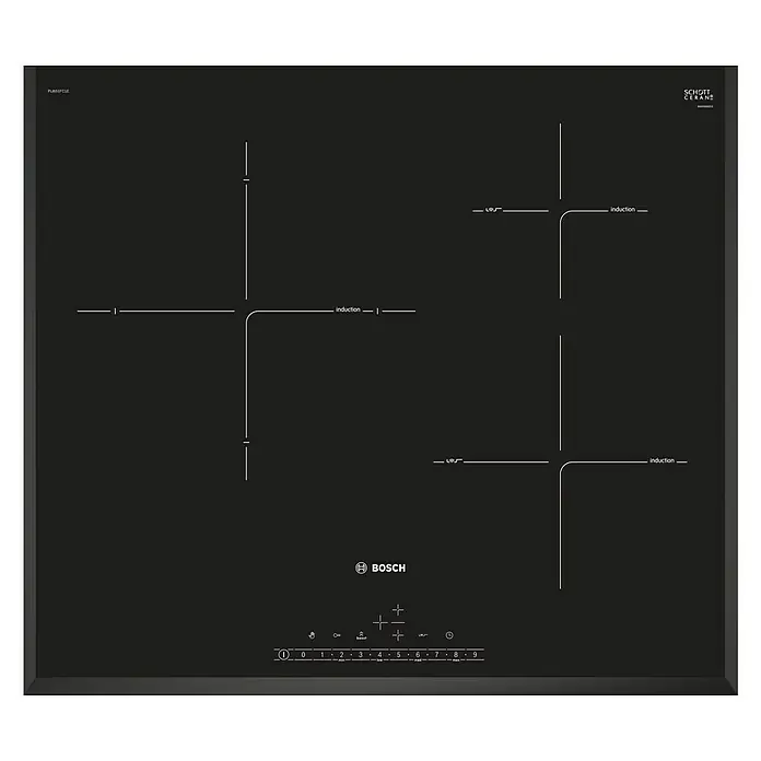 Bosch Placa de cocción PIJ651FC1E - Número de fogones de inducción: 3 ud. - Placa de inducción Bosch negra con cuatro zonas de cocción y un panel de control digital.