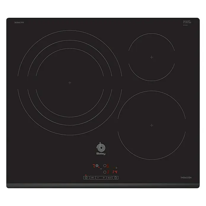 Balay Placa de cocción 3EB967FR - Número de fogones de inducción: 3 ud. - La placa de inducción Balay 3EB967FR en negro cuenta con cuatro zonas de cocción, control preciso y diseño moderno.