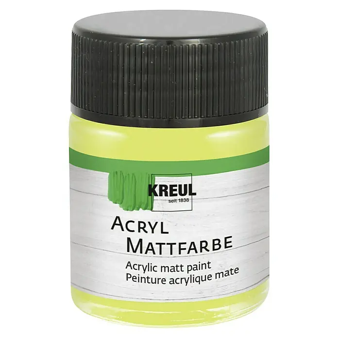 KREUL Acrylfarbe Matt - Lemon, 50 ml - Abbildung einer Dose Kreul Acryl Mattfarbe in hellgrüner Farbe mit schwarzem Deckel und weißem Etikett.