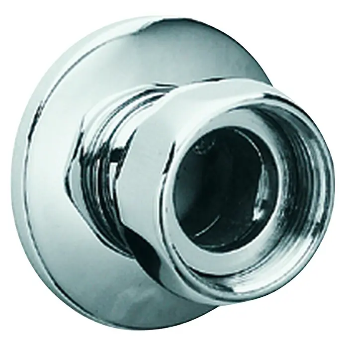 Grohe Gewindeanschluss - Chrom, Außengewinde: ⁵⁄₄″, Innengewinde: ³⁄₂″ - Nahaufnahme eines glänzenden, verchromten Wasserhahnanschlusses mit deutlichem Innengewinde auf schwarzem Hintergrund.