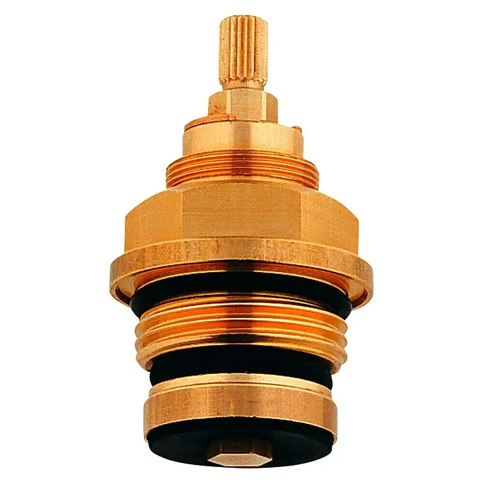 Grohe Oberteil - Anschlussgewinde: 1″, Kurze Spindel - Nahaufnahme eines Messing-Ventileinsatzes für Wasserhähne mit O-Ringen und Gewinde.