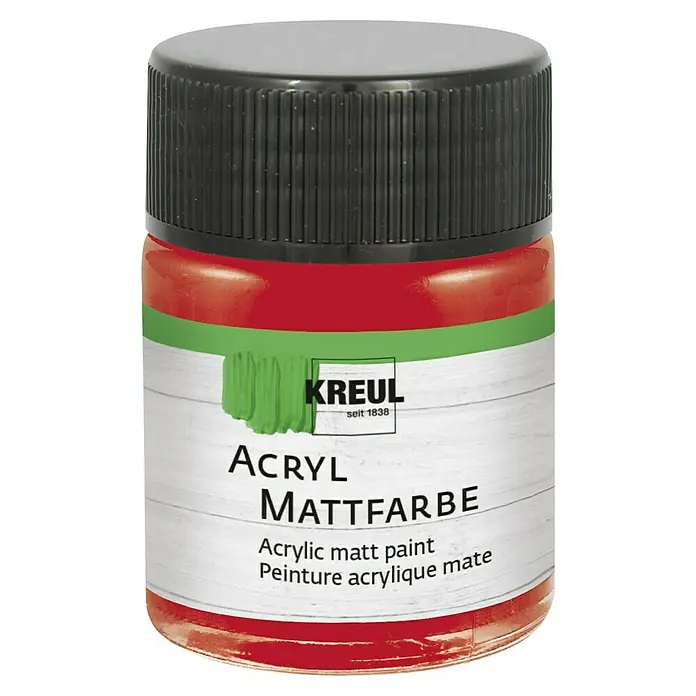 KREUL Acrylfarbe Matt - Brillantrot, 50 ml - Nahaufnahme einer Dose Kreul Acryl Mattfarbe in Rot, ideal für Kunstprojekte und Bastelarbeiten, mit deutschem und französischem Text auf dem Etikett.