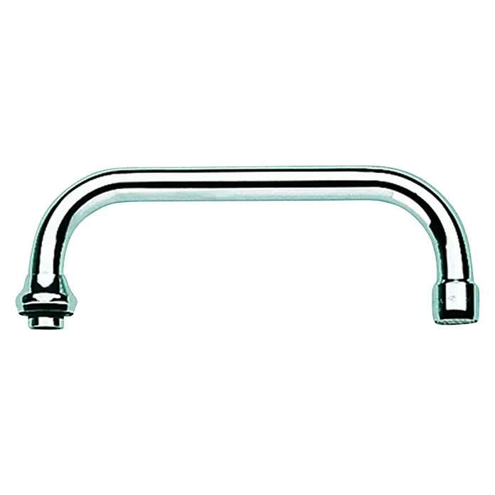 Grohe Auslaufhahn - Chrom, Messing, Ausladung: 200 mm - Nahaufnahme eines glänzenden, silberfarbenen Wasserhahnaufsatzes mit gebogener Form auf schwarzem Hintergrund.