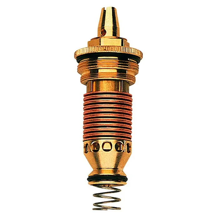 Grohe Thermostat-Ventilunterteil Grohmix - ½″, Passend für: Grohe Grohmix Thermostate - Nahaufnahme einer goldenen Sanitärarmatur mit einer Feder am unteren Ende, die für Sanitärinstallationen verwendet wird.