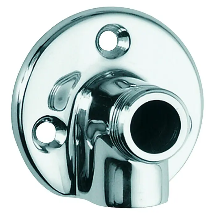 Grohe Wandscheibe - Innengewinde: ½″, Außengewinde: ¾″ - Nahaufnahme einer verchromten Duscharmatur mit rundem Sockel und einem rechtwinkligen Auslassrohr. Die Armatur glänzt und hat zwei Befestigungslöcher.