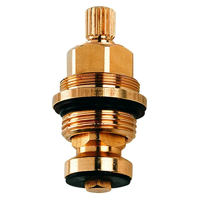 Grohe Oberteil - Anschlussgewinde: ¾″, Messing - Nahaufnahme einer glänzenden, goldenen Ventilkartusche mit schwarzen Dichtungen, die für Sanitärarmaturen verwendet wird.