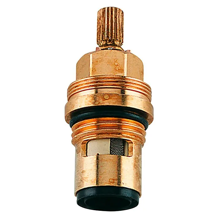 Grohe Oberteil - ½″, Messing, Höhe: 13 cm, Anschlag links - Nahaufnahme einer goldenen Sanitärarmatur, bestehend aus Gewinde und Dichtungen, auf einem isolierten schwarzen Hintergrund.