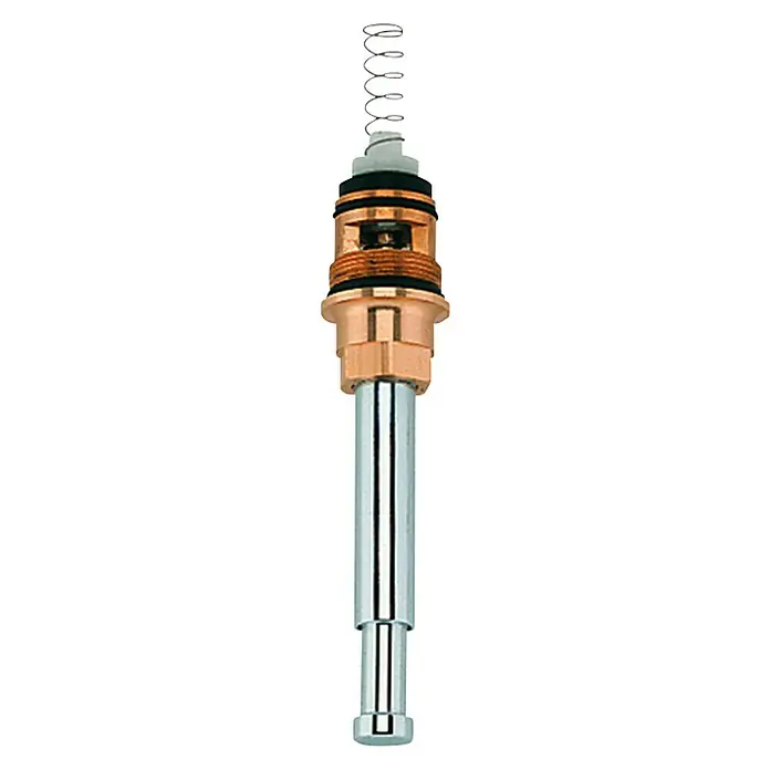 Grohe Umsteller - ½″, Verchromt - Das Bild zeigt ein Patronenventil mit Feder und einem Chrom-Schaft. Ideal für Sanitäranwendungen.