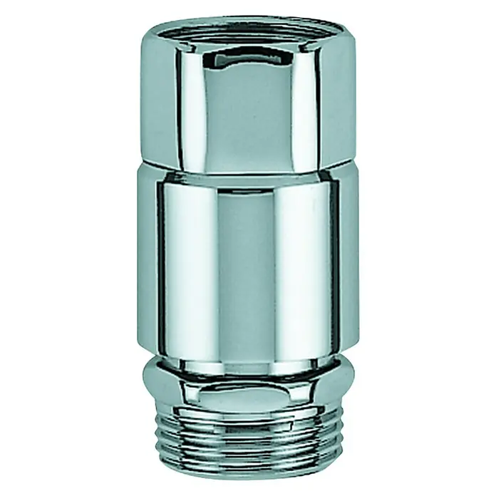 Grohe Rohrbelüfter - ¾″, Chrom, Höhe: 6,4 cm - Nahaufnahme eines glänzenden, verchromten Wasserhahnverbindungsstücks mit Gewinden und einer sechseckigen Oberseite, isoliert auf Schwarz.