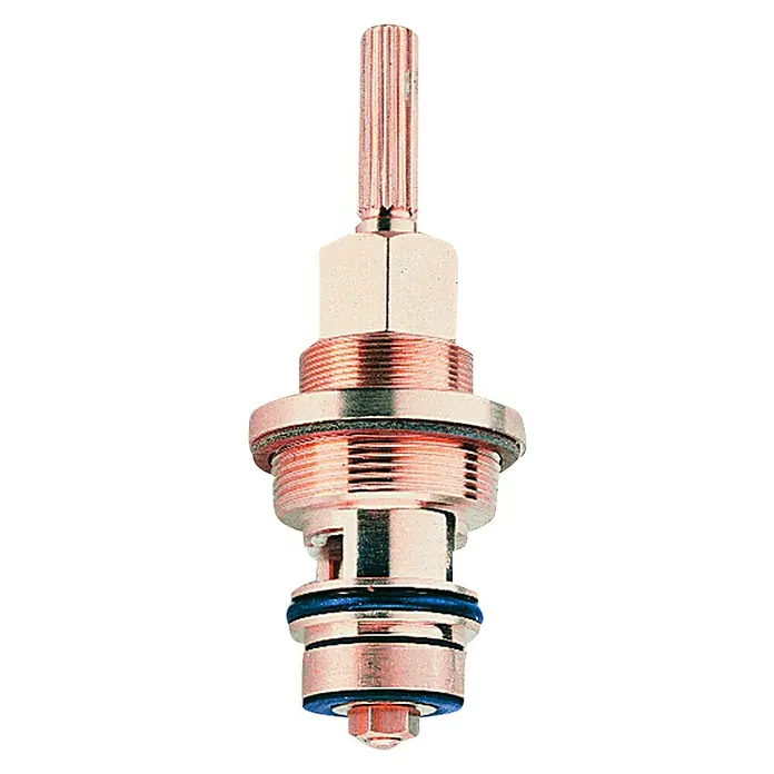 Grohe Oberteil - Anschlussgewinde: ½″, Messing, 3-Wege-Umstellung - Nahaufnahme einer glänzenden Armaturenventilkartusche aus Kupfer, die für Sanitäranwendungen konzipiert ist und Präzisionstechnik zeigt.