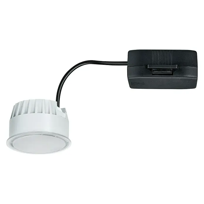 Paulmann Nova LED-Modul Coin - 6 W, Satin, Durchmesser: 5 cm, Dimmbar, 2.700 K - Eine Nahaufnahme einer LED-Einbauleuchte mit weißem Rand und einer schwarzen Anschlussdose vor einem schwarzen Hintergrund.