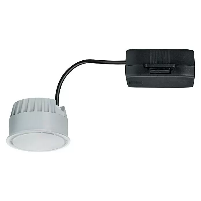 Paulmann Nova LED-Modul Coin - 6 W, Weiß, Durchmesser: 5,1 cm, Dimmbar, 4.000 K - Hellgrauer Einbau-LED-Downlight mit weißem Diffusor, über ein schwarzes Kabel mit einem schwarzen rechteckigen Treiber verbunden.