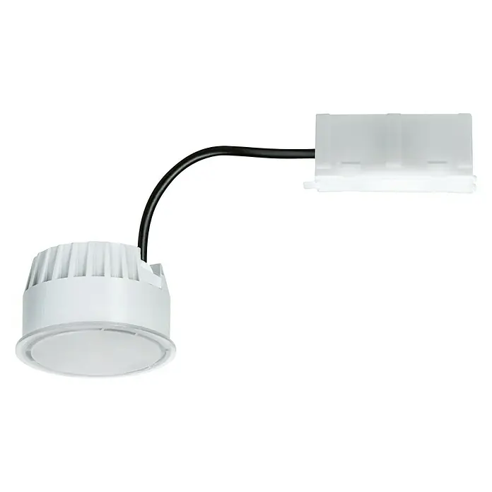 Paulmann LED-Modul Base Coin - 5 W, Opal, Durchmesser: 5,1 cm - Weiße LED-Einbauleuchte mit Anschlussdose und schwarzem Kabel auf schwarzem Hintergrund für Innenräume.