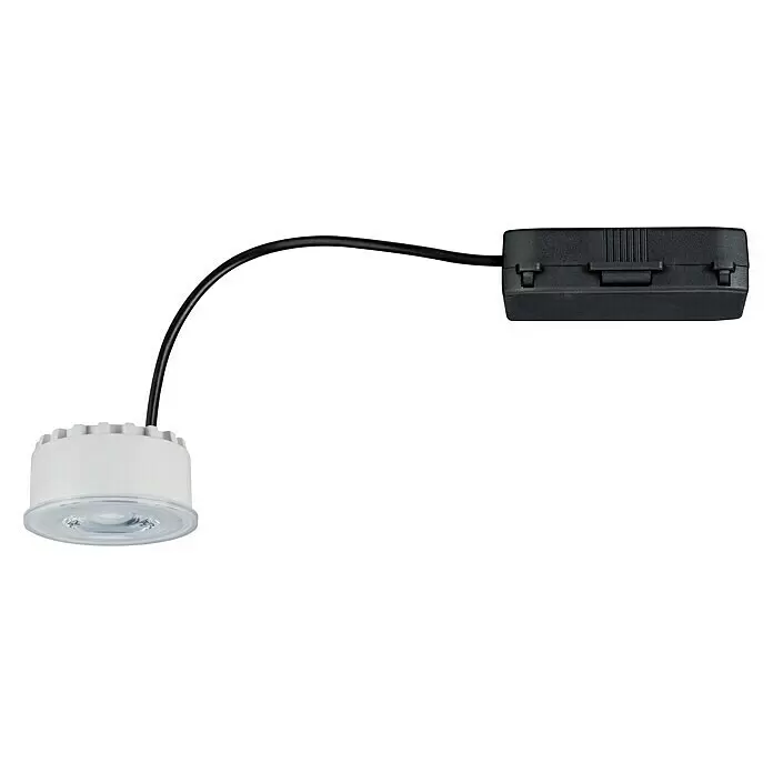 Paulmann Nova LED-Modul Plus Coin - 6,3 W, Satin, Durchmesser: 5 cm - Weißes LED-Puck-Licht mit klarer Linse, verbunden über ein schwarzes Kabel mit einer schwarzen Stromversorgungseinheit.
