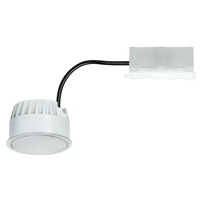 Paulmann LED-Modul Base Coin - 5 W, Opal, Durchmesser: 5 cm, 3.000 K - Weißer Einbau-LED-Downlight mit schwarzem Kabel und weißer Anschlussbox.
