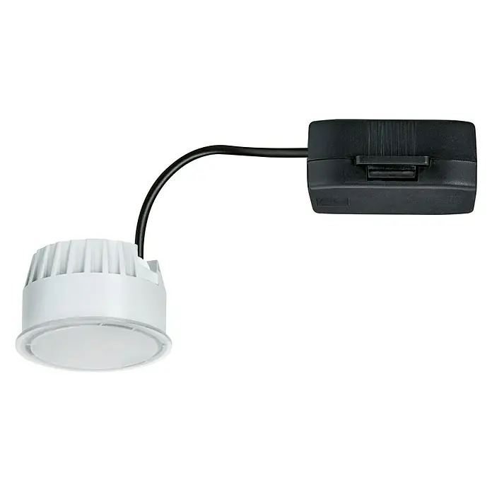 Paulmann Nova LED-Modul Coin - 6 W, Satin, Durchmesser: 5 cm, 2.700 K - Nahaufnahme einer LED-Einbauleuchte mit weißem Gehäuse und schwarzem Anschlusskasten, verbunden durch ein Kabel.