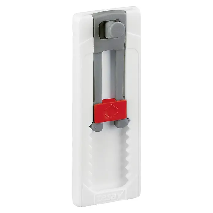 Tesa Powerstrips Klebehaken Adjust Keyhole - Kunststoff, Weiß - Nahaufnahme eines weißen Tesa Easy Cut Tischabrollers mit grauem und rotem Bedienelement. Ideal für einfaches und schnelles Abrollen von Klebebändern.
