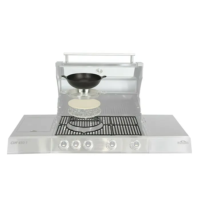 Kingstone KMS Grillplatte Heißer Stein - Durchmesser: 30 cm, Cordierit, Stein - Produktabbildung eines Cliff 450-1 Grills mit Kochgeschirr. Ideal zum Kochen im Freien. Vielseitig und einfach zu bedienen.