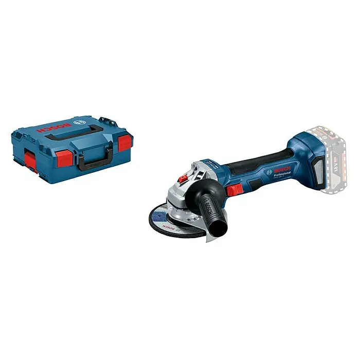 Bosch Professional AMPShare 18V Akku-Winkelschleifer GWS 18V-7 - 18 V, Ohne Akku, Durchmesser Scheibe: 125 mm - Abbildung eines Bosch Professional Akku-Winkelschleifers mit Akku und einer blauen Werkzeugkiste auf schwarzem Hintergrund.