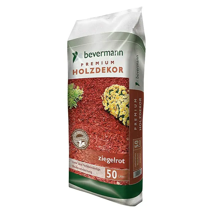 Bevermann Dekormulch - 50 l, Ziegelrot - Ein Sack Premium Holzdekor von Bevermann in Ziegelrot, 50 Liter, für eine farbechte und natürliche Bodenabdeckung im Garten.