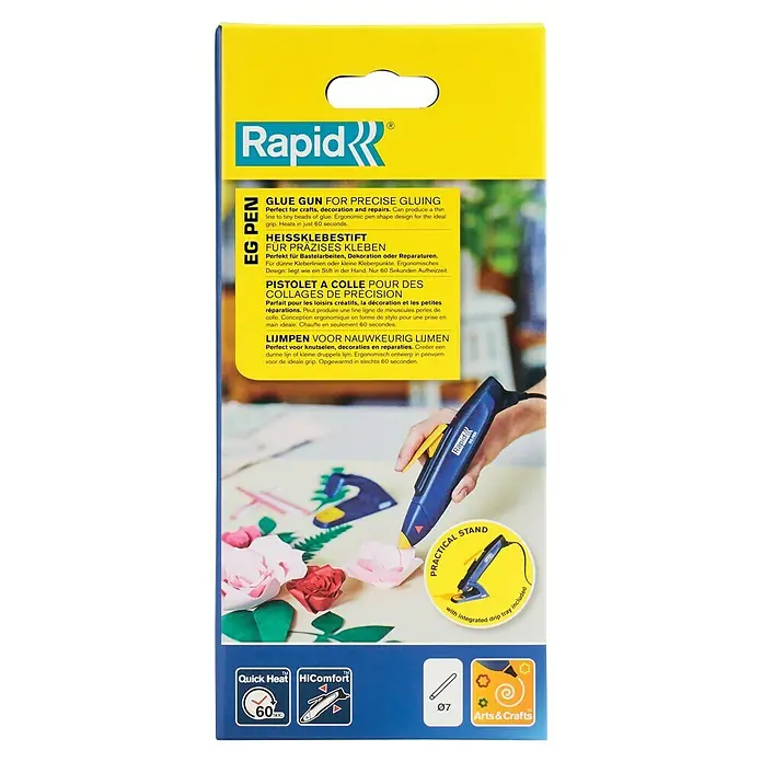 Rapid Pistola termoencoladora EG - Azul/amarillo, Diámetro cartucho de cola: 7 mm - Paquete de producto para una pistola de pegamento Rapid EG Pen, ideal para un pegado preciso en manualidades y reparaciones. Incluye un soporte práctico.