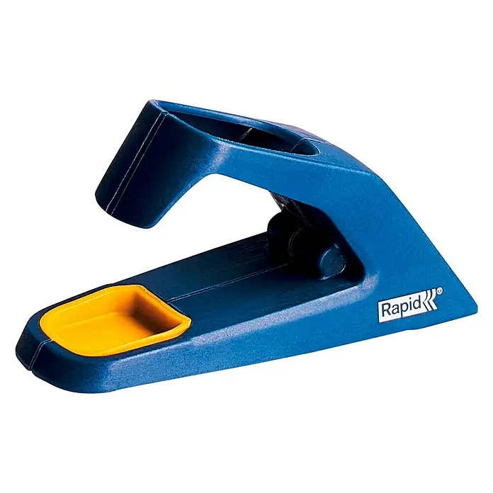Rapid Heißklebepistole EG - Blau, Gelb, Durchmesser Klebepatrone: 7 mm - Nahaufnahme eines blauen Rapid-Lochers mit gelbem Auffangbehälter, ideal für Büro und Hobby.
