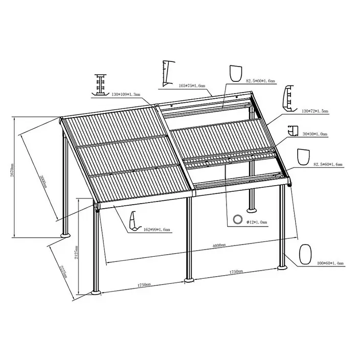 Sunfun Anstellpavillon Sera Cabrio - B x T: 400 x 300 cm, Farbe Gestell: Anthrazit, Aluminium - Perspektivische Darstellung eines Pavillons mit Maßangaben und Detailansichten der Profile.