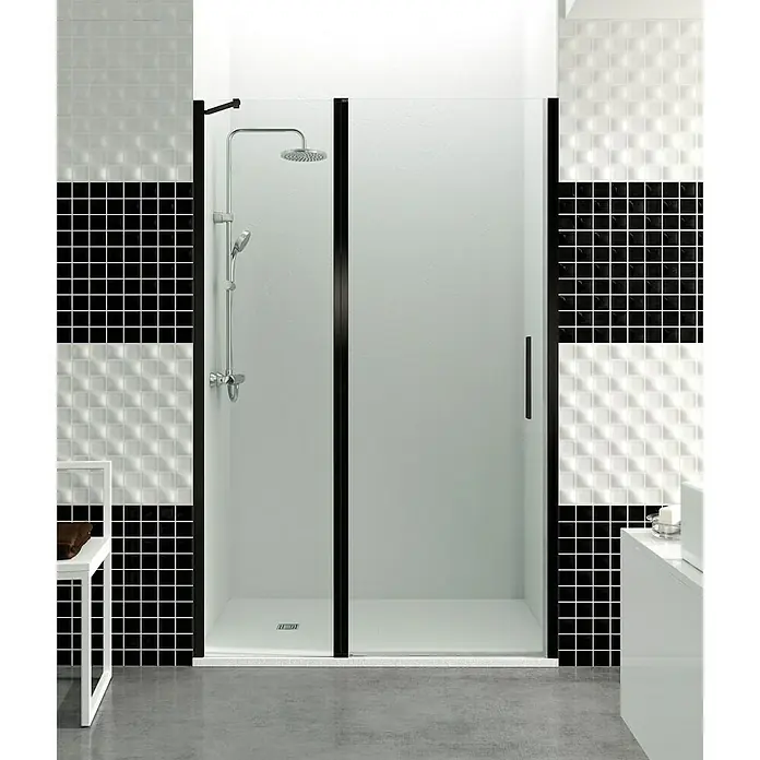 GME Mampara de ducha frontal Open Combi D - 110 x 195 cm, Espesor de vidrio: 6 mm, Negro, An x Al: 110 (30/80) x 195 cm - Un baño moderno con una elegante cabina de ducha con marco negro y detalles de mosaico.