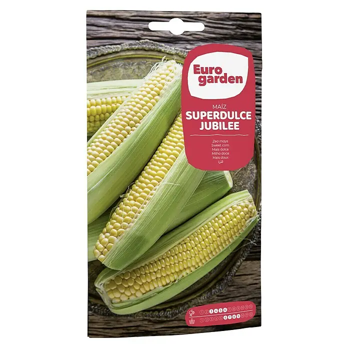 Euro Garden Semillas de vegetales Maíz dulce Jubilee - Cosecha: Junio - Imagen de un paquete de semillas de maíz Euro Garden, variedad Superdulce Jubilee, con mazorcas frescas.