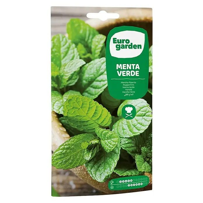 Euro Garden Semillas de hierbas Menta verde - Tiempo de siembra: Febrero, Cosecha: Mayo - Imagen del paquete de semillas Euro Garden Menta Verde.