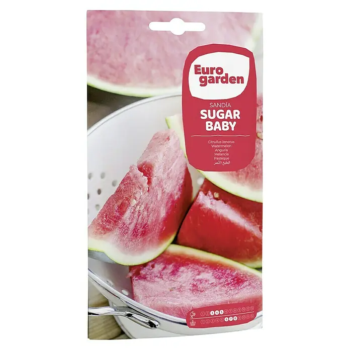 Euro Garden Semillas de vegetales Sandía sugar baby - Cosecha: Junio - Imagen de un paquete de semillas de sandía Euro Garden Sugar Baby, perfecto para cultivar deliciosas y jugosas sandías en tu propio jardín.