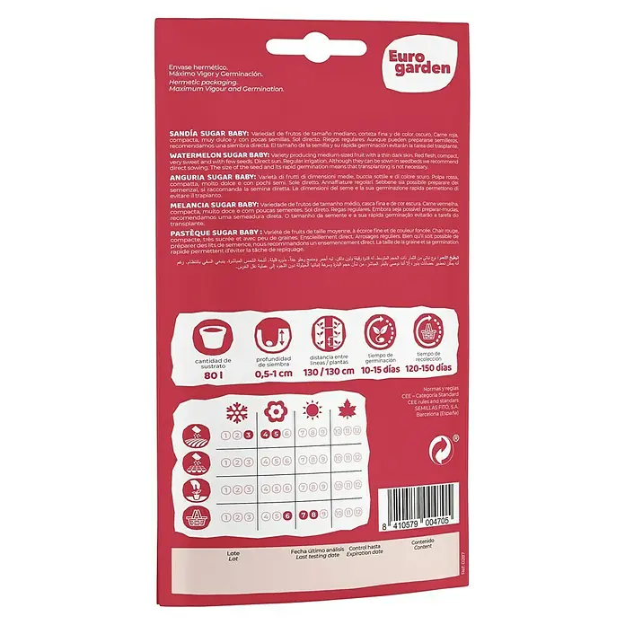 Euro Garden Semillas de vegetales Sandía sugar baby - Cosecha: Junio - Información del producto: Sandía Sugar Baby, consejos de cultivo y período de cosecha para el cultivo de esta fruta dulce.