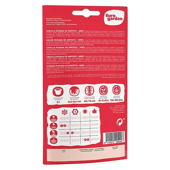 Euro Garden Bulbos de cebolla Morada Amposta - Cosecha: Agosto, 5 g - Sobre de semillas Euro Garden con información sobre cebollas moradas, profundidad de siembra, espaciamiento y tiempo de cosecha.