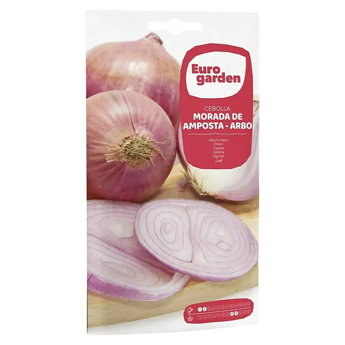 Euro Garden Bulbos de cebolla Morada Amposta - Cosecha: Agosto, 5 g - La imagen muestra un paquete de semillas Euro Garden para "Cebolla Morada de Amposta - Arbo" (cebolla morada), con cebollas moradas de fondo.