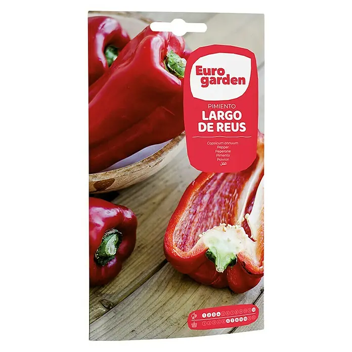 Euro Garden Semillas de vegetales Pimiento Largo de Reus - Cosecha: Junio - Imagen de un paquete de semillas de Euro Garden Pimiento Largo de Reus, con pimientos rojos.