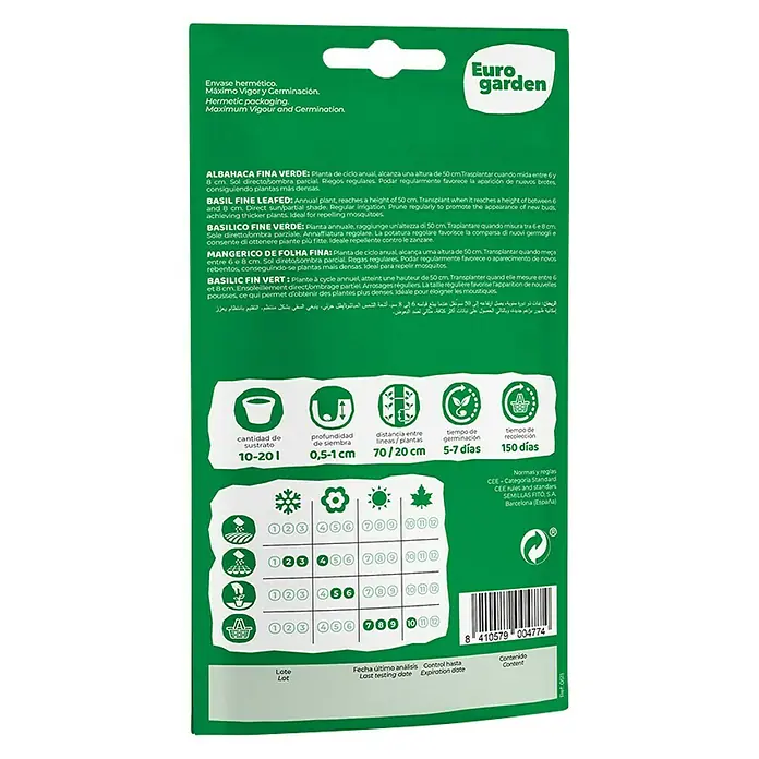 Euro Garden Semillas de hierbas Albahaca fina verde - Tiempo de siembra: Febrero, Cosecha: Julio - Paquete de semillas de albahaca Euro Garden con instrucciones de siembra, espaciado, germinación y cosecha.