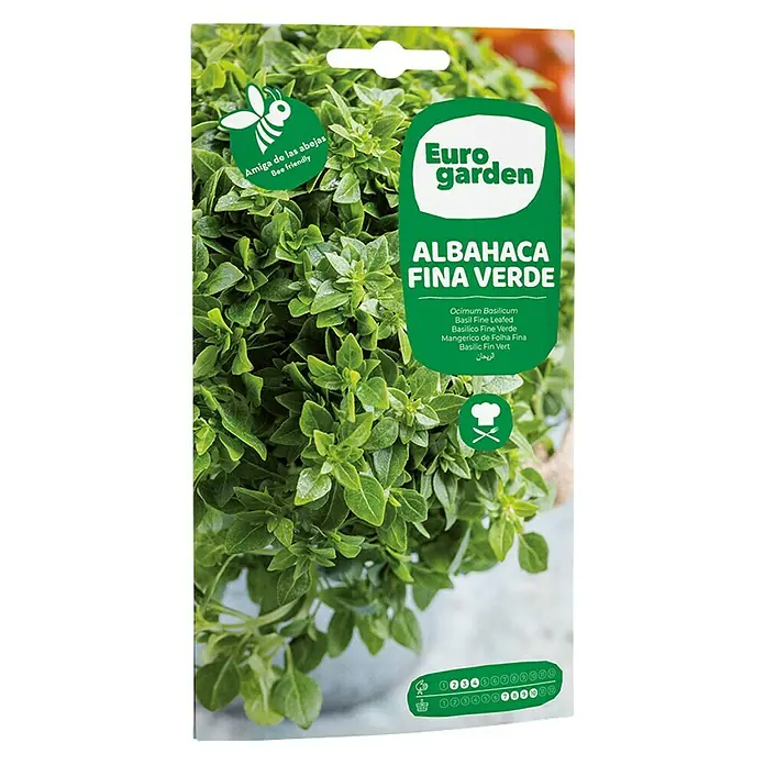 Euro Garden Semillas de hierbas Albahaca fina verde - Tiempo de siembra: Febrero, Cosecha: Julio - La imagen muestra un paquete de semillas de albahaca Eurogarden "Albahaca Fina Verde", una variedad de albahaca verde fina, ideal para las abejas.