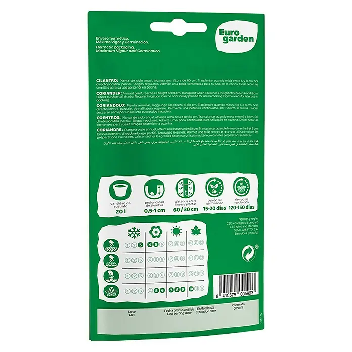 Euro Garden Semillas de hierbas Cilantro - Tiempo de siembra: Marzo, Cosecha: Mayo - Paquete de semillas de cilantro Euro Garden con instrucciones de siembra, ubicación y cuidado.