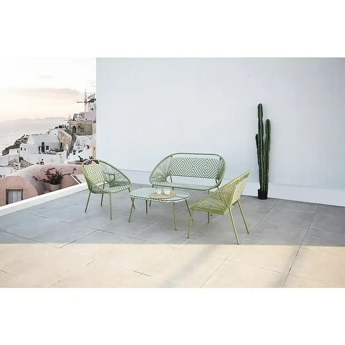 Conjunto de muebles Mariana - 4 pzs., Ratán sintético/Acero, Verde/Blanco - Un conjunto de salón verde para exteriores con dos sillas, un sofá y una mesa, perfecto para una vida relajada al aire libre. Muebles de jardín ideales.