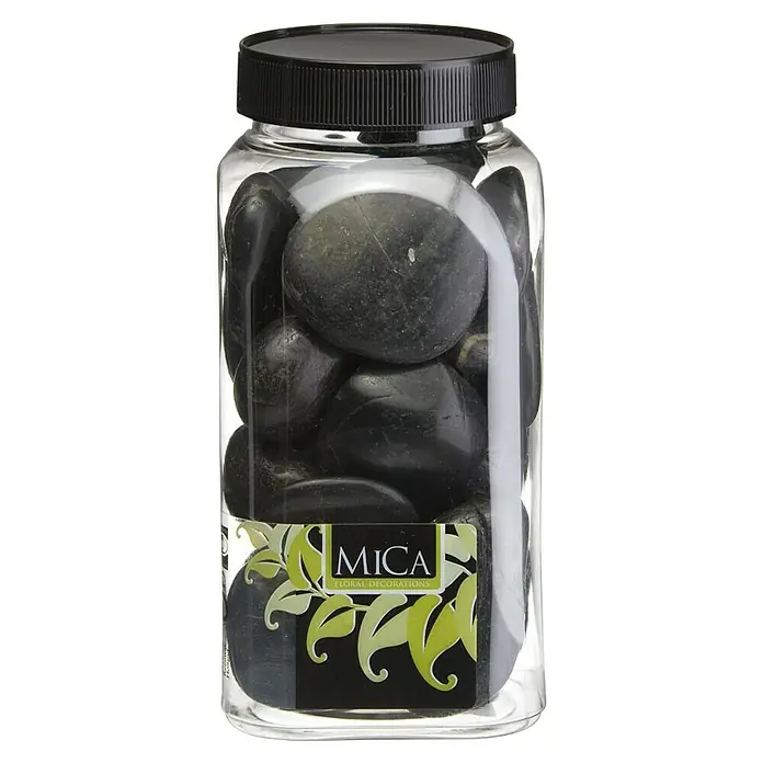 Piedras decorativas - Negro, Tamaño de grano: Ø 20 - 40 mm, 1 kg - Tarro de piedras decorativas negras MICA para decoraciones florales. Estas piedras son perfectas para crear arreglos florales llamativos.