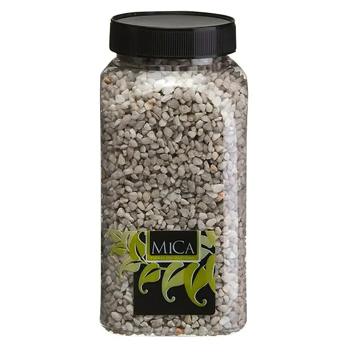 Piedras decorativas - Gris, Tamaño de grano: Ø 2 - 3 mm, 1 kg - Un tarro lleno de guijarros decorativos MICA Floral Decorations, sellado con una tapa negra, perfecto para arreglos florales.