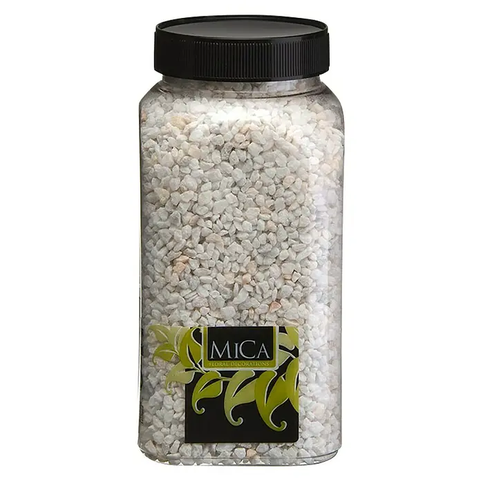 Piedras decorativas - Blanco, Tamaño de grano: Ø 2 - 3 mm, 1 kg - Un tarro de vidrio lleno de piedras decorativas MICA, ideal para arreglos florales y realzar la decoración interior.