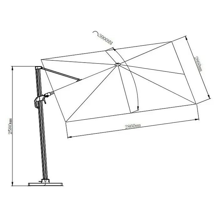 Sunfun Ersatz-Bezug Monaco - Hellgrau, Passend für: Sunfun Ampelschirmgestell Monaco 300 x 300 cm - Abbildung eines Sonnenschirms mit Maßen, der Schatten spendet und vor Sonne schützt. Der Schirm ist stabil und einfach zu bedienen.