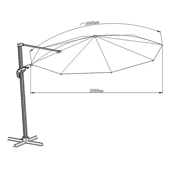Sunfun Ersatz-Bezug Monaco - Anthrazit, Passend für: Sunfun Ampelschirmgestell Monaco Ø 300 cm - Darstellung eines freistehenden Sonnenschirms mit seitlichem Mast und den Maßen 3000mm und 2880mm für den Außenbereich.