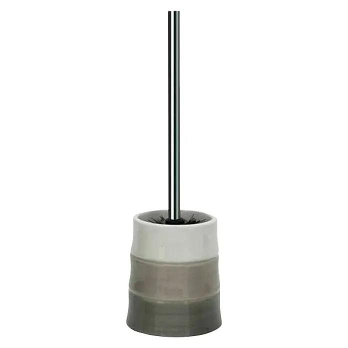 Aquasanit Mystique Conjunto de escobilla - 7 x 7 x 37 cm, Cerámica, Gris - Un moderno portaescobillas de baño en tonos grises y blancos a rayas con un cepillo plateado elegante. Ideal para cualquier baño.