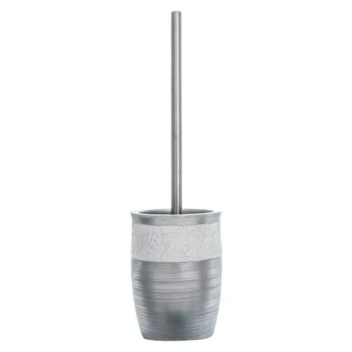 Aquasanit Damasco Conjunto de escobilla - 9,5 x 9,5 x 34,5 cm, Plástico, Blanco/Plata - Escobilla de baño plateada con soporte decorativo. Accesorio de baño práctico y elegante para limpieza y almacenamiento.