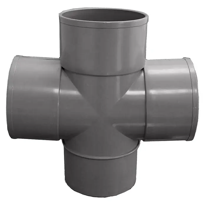Tecnoagua Pieza T doble M-H - Plástico, 90 mm - Cruz de PVC gris con cuatro puntos de conexión en un sistema de instalación. Ideal para aplicaciones de tuberías complejas y conexiones duraderas.
