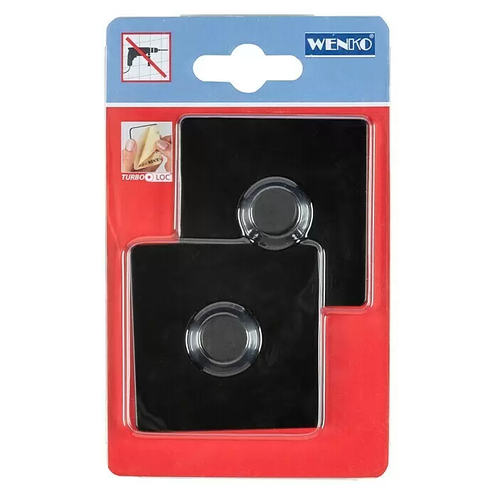 Wenko Befestigungs-Set - Metall, 2 Stk. - Zwei schwarze quadratische WENKO Turbo-Loc Klebeplatten mit klaren Halterungen in Blisterverpackung. Kein Bohren nötig.