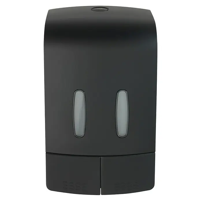 Wenko Dispensador de desinfectante Tartas - 960 ml, Plástico, Negro - Dispensador de jabón líquido negro sin contacto para baño, con dos indicadores de nivel y un sistema de dispensación central.