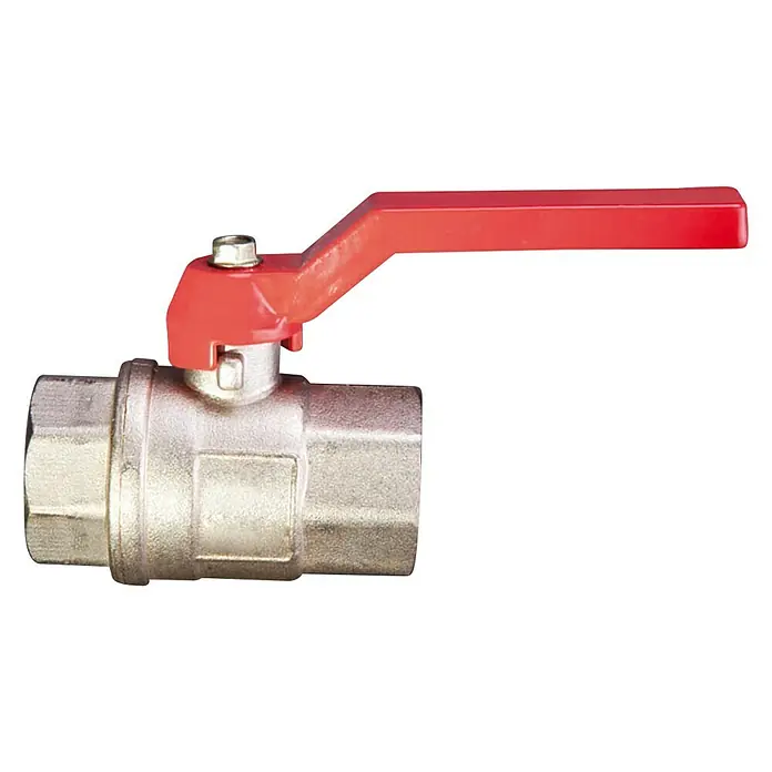 Kugelhahn - 1 ¼″, Messing, Verchromt - Bild einer Absperrkugel mit rotem Griff. Das Ventil ist aus Messing und hat ein Gewinde.